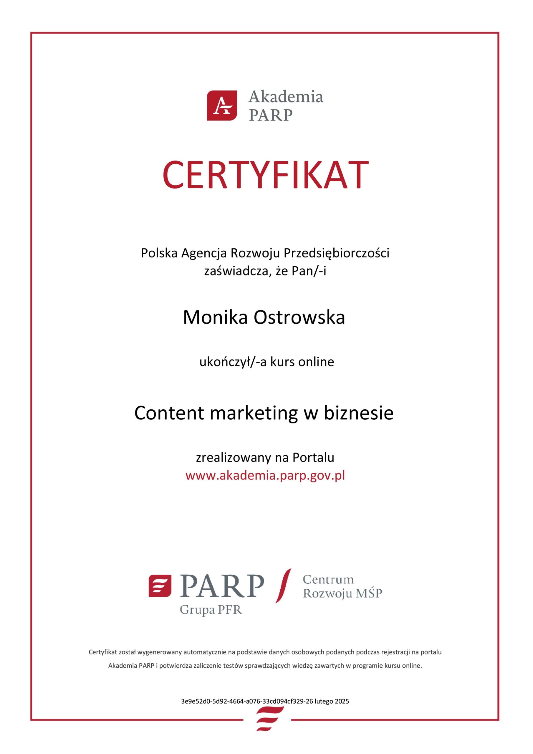 Certyfikat – Content marketing w biznesie - Content marketing w biznesie