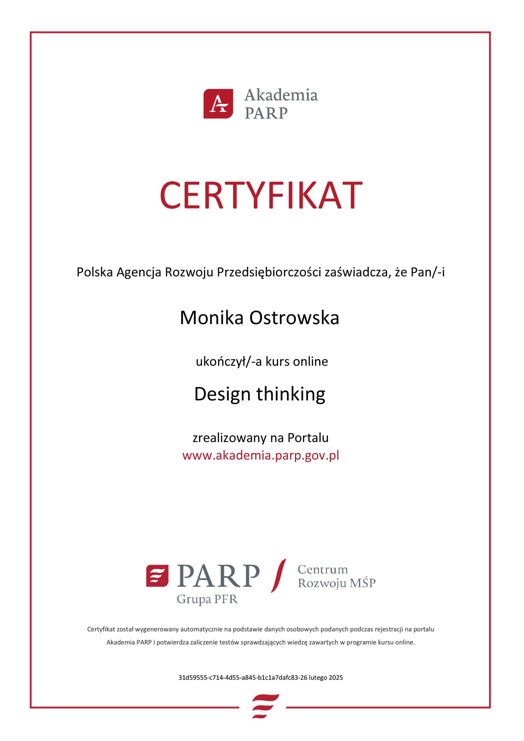 Certyfikat - Design thinking - Design thinking